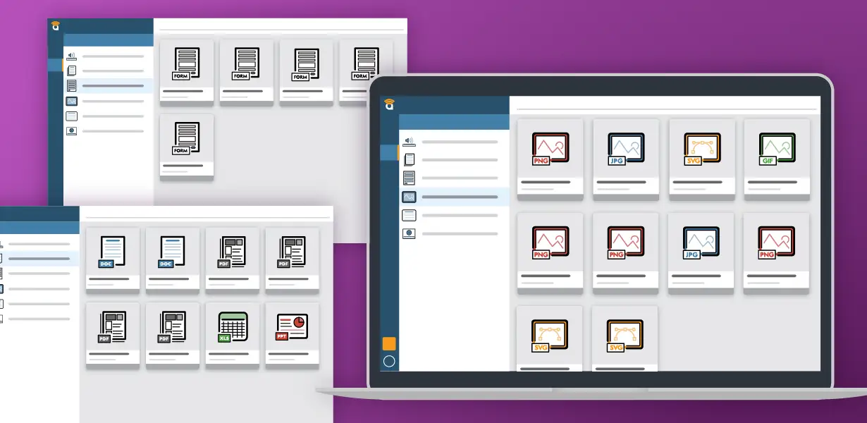 Collection of screens showing Lumavate’s Digital Asset Management (DAM) functionality including the storing of images, documents, and text.
